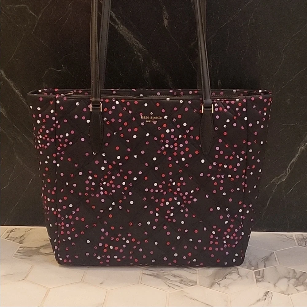 KATE SPADE ♠️ CANVAS POLKADOT TOTE HANDBAG PURSE BLACK with Confetti colors